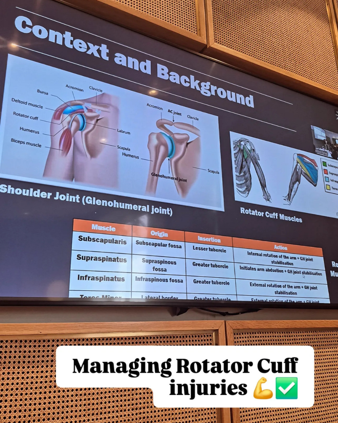 Educational presentation slide discussing rotator cuff anatomy and the management of rotator cuff injuries during the Shoulder to Hand Alliance 2025 conference.
