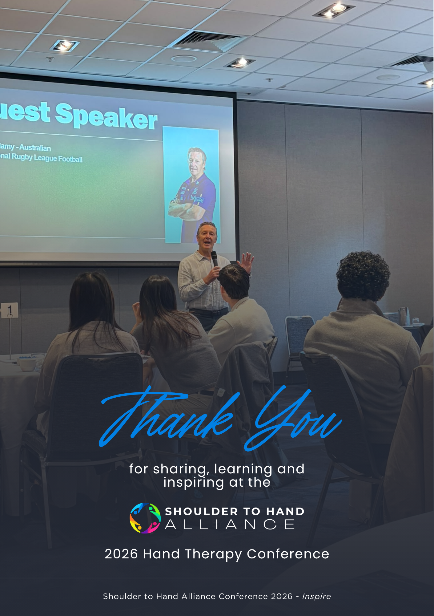 Guest speaker Craig Bellamy presenting leadership and high-performance insights at the Shoulder to Hand Alliance 2026 Hand Therapy Conference.