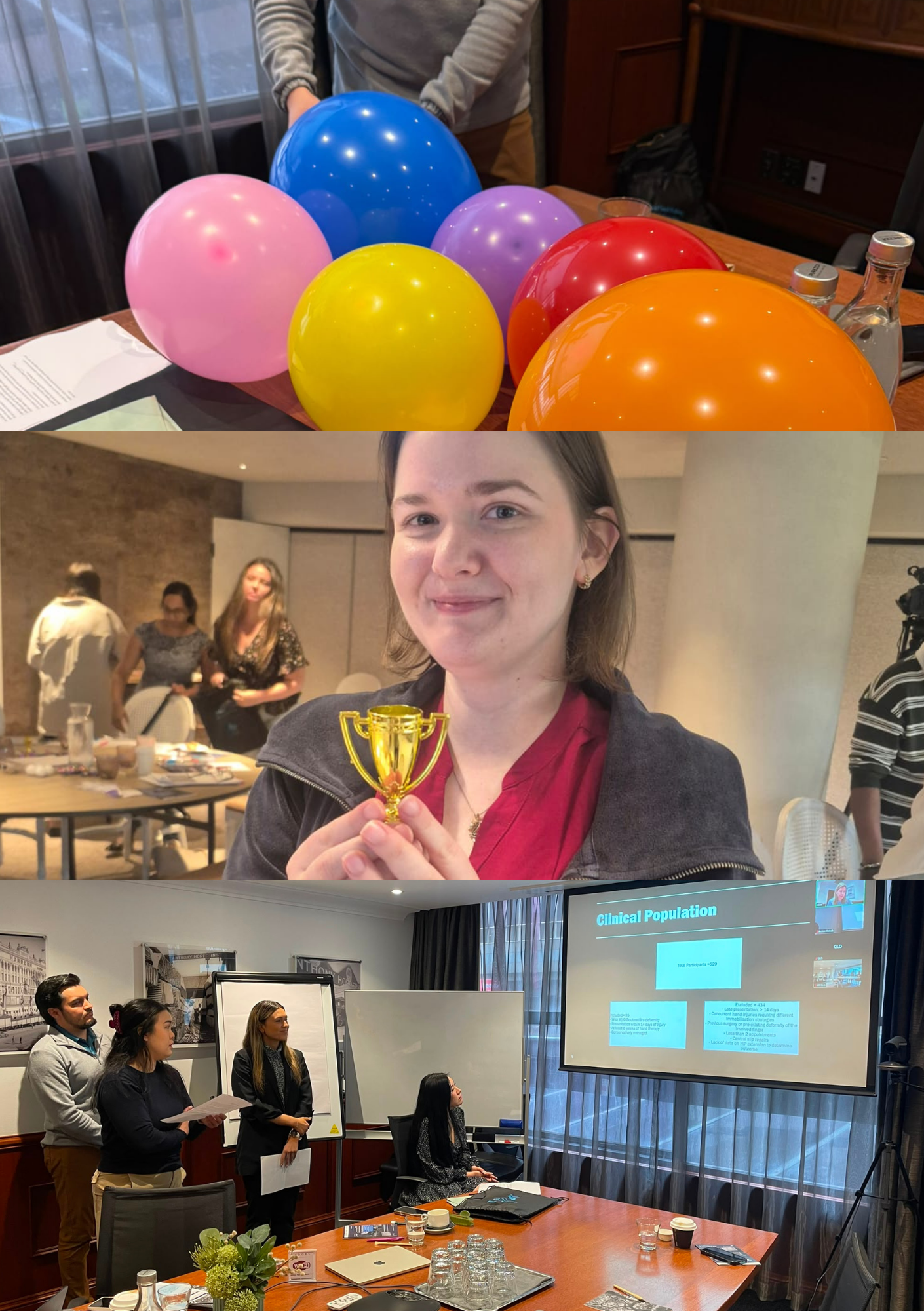 Conference delegates participating in interactive team activities, celebrating challenge outcomes and delivering clinical presentations at the Shoulder to Hand Alliance 2026 Hand Therapy Conference.